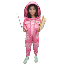Load image into Gallery viewer, Two Fencing Veils on 3-Layer Children&#39;s Pink Beekeeping Suit
